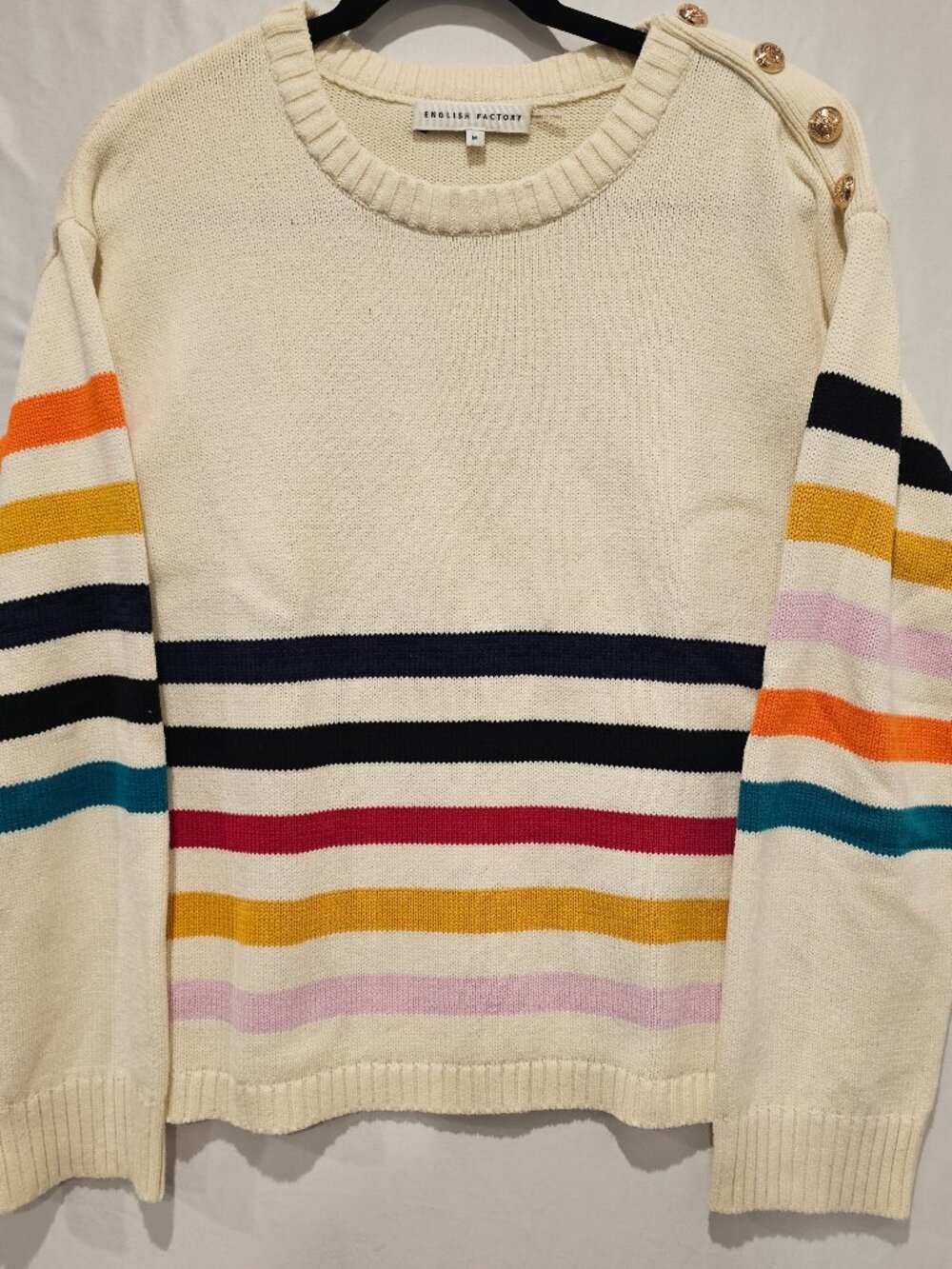 English Factory Striped Knit Crewneck Sweater Button Shoulder Cream Multicolor M